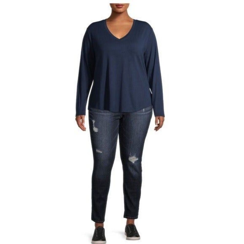 Terra & Sky Women's Plus Size V-Neck T-Shirt Long Sleeves 1X 16W-18W navy blue